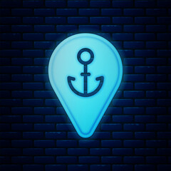 Poster - Glowing neon Map pointer with anchor icon isolated on brick wall background. Vector