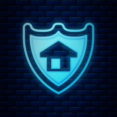 Aufkleber - Glowing neon House with shield icon isolated on brick wall background. Insurance concept. Security, safety, protection, protect concept. Vector