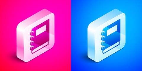 Poster - Isometric Notebook icon isolated on pink and blue background. Spiral notepad icon. School notebook. Writing pad. Diary for school. Silver square button. Vector