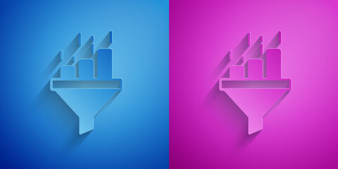 Fototapete - Paper cut Sales funnel with chart for marketing and startup business icon isolated on blue and purple background. Infographic template. Paper art style. Vector