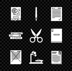Poster - Set Board with graph chart, Pen, Exam sheet check mark, paper incorrect answers survey, Microscope, File document and clip, Office folders papers documents and Scissors icon. Vector