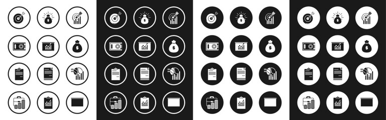 Fototapete - Set Target with graph chart, Board, Safe, Money bag, Pie infographic and Document icon. Vector