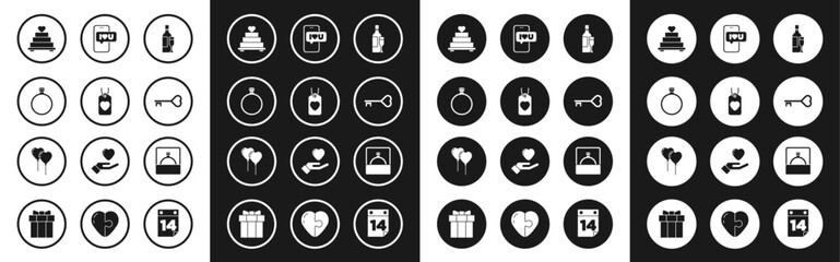 Poster - Set Champagne bottle, Heart tag, Diamond engagement ring, Wedding cake with heart, Key shape, Mobile, and Balloons form of icon. Vector