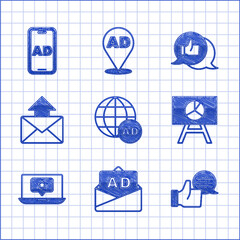 Poster - Set Advertising, Customer product rating, Board with graph chart, Laptop star, Mail and e-mail, and icon. Vector