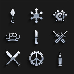 Poster - Set Military knife, Peace, Bullet, Crossed medieval sword, baseball bat, Brass knuckles, Medieval shield with crossed axes and Japanese ninja shuriken icon. Vector