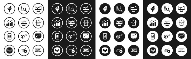 Poster - Set Monitor with graph chart, Stocks market growth graphs, Financial, Sales funnel, Mobile stock trading, Server, Graph infographic and icon. Vector