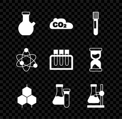 Poster - Set Test tube, CO2 emissions in cloud, Chemical formula, flask stand, Atom and icon. Vector
