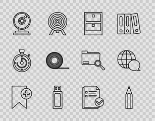 Poster - Set line Bookmark, Pencil, Archive papers drawer, USB flash drive, Web camera, Scotch, Document and check and World map made from speech bubble icon. Vector