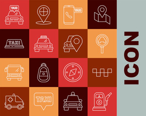 Poster - set line petrol or gas station, taxi car roof, magnifying glass and taxi, call telephone service, an