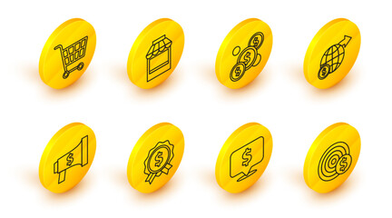 Aufkleber - Set line Target with dollar symbol, Speech bubble, Price tag, Megaphone and, Earth globe, Coin money, Shopping building or market store and cart icon. Vector