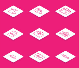 Aufkleber - Set line Blank label template price tag, Gift box, Stacks paper money cash, Shoping bag with Sale, Envelope interest discount, Hanging sign Open, Man hat ribbon and Page 404 error icon. Vector