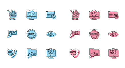 Aufkleber - Set line Phone and speech bubble with Buy, Cursor click document folder, Add to Shopping cart, Computer monitor dollar, Price tag New, Eye, button and icon. Vector