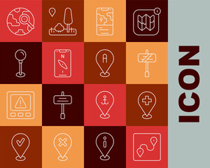 Poster - Set line Route location, Medical with cross, Road traffic sign, City map navigation, Compass mobile, Push pin, Magnifying glass globe and Location icon. Vector