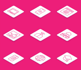 Poster - Set line Laptop, Online play video, Browser window, education, Student, Cloud or online library, book mobile and Social network icon. Vector