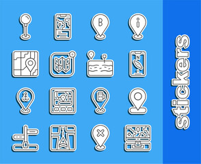 Fototapete - Set line Monitor with location marker, Location, Compass mobile, Infographic of city map, City navigation, Push pin and Broken road icon. Vector