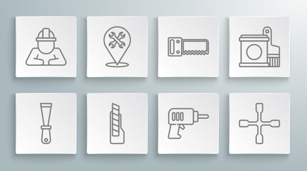 Poster - Set line Putty knife, Location with wrench, Stationery, Electric drill machine, Wheel, Hand saw, Paint bucket brush and Builder icon. Vector