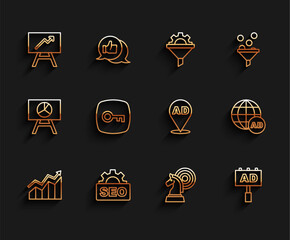 Fototapete - Set line Financial growth increase, SEO optimization, Board with graph chart, Chess, Advertising, Key, and icon. Vector