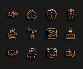 Poster - Set line Low battery, Eco car, Electric motor, nature leaf, saving plug in, Battery charge and icon. Vector