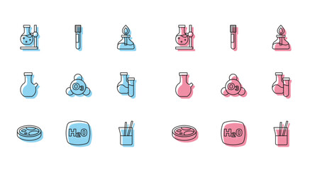 Poster - Set line Petri dish with bacteria, Chemical formula H2O, Test tube flask on stand, Laboratory glassware, Ozone, and icon. Vector