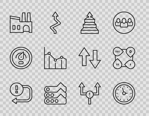 Fototapete - Set line Arrow, Clock, Pyramid chart infographics, Graph, chart, diagram, Factory, Pie, and Infographic element icon. Vector