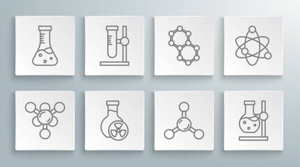 Poster - Set line Molecule, Test tube flask on stand, with toxic liquid, Atom and icon. Vector