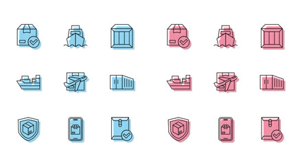 Poster - set line delivery security with shield, mobile app delivery tracking, ackage box check mark, envelop