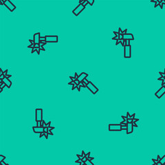 Poster - Blue line Hammer icon isolated seamless pattern on green background. Tool for repair. Vector