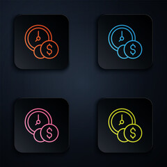 Poster - Color neon line Time is money icon isolated on black background. Money is time. Effective time management. Convert time to money. Set icons in square buttons. Vector