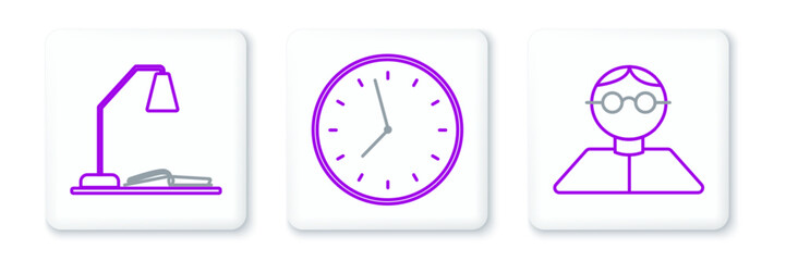 Poster - Set line Student, Workplace with table lamp and open book and Clock icon. Vector