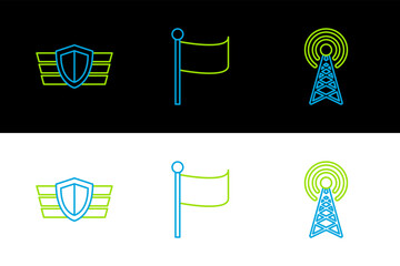 Poster - Set line Radar, Military reward medal and Flag icon. Vector