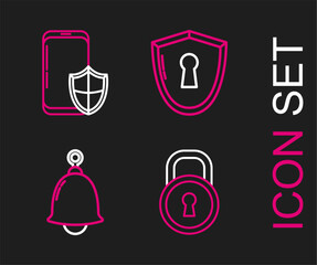 Fototapete - Set line Lock, Ringing bell, Shield with keyhole and Smartphone security shield icon. Vector