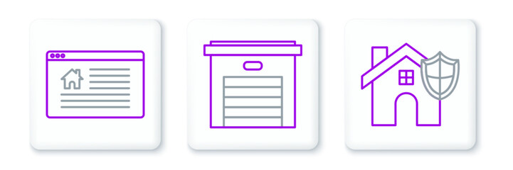 Aufkleber - Set line House with shield, Hanging sign text Online Sale and Garage icon. Vector