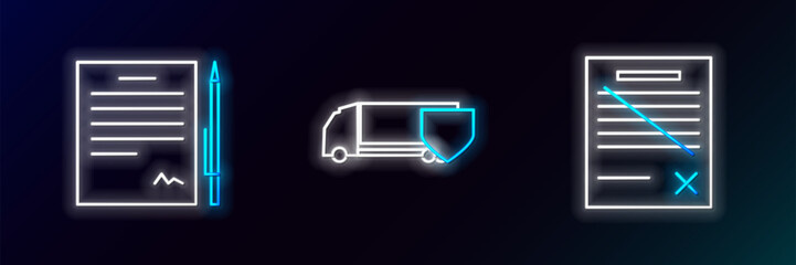 Fototapete - Set line Delete file document, Contract with pen and Delivery cargo truck shield icon. Glowing neon. Vector