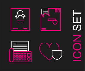Fototapete - Set line Heart with shield, Fax machine, Ordered envelope and Certificate template icon. Vector
