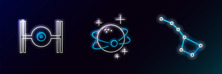 Poster - Set line Great Bear constellation, Cosmic ship and Planet icon. Glowing neon. Vector