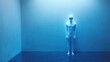 © ell - A person in a white bodysuit stands in a blue room