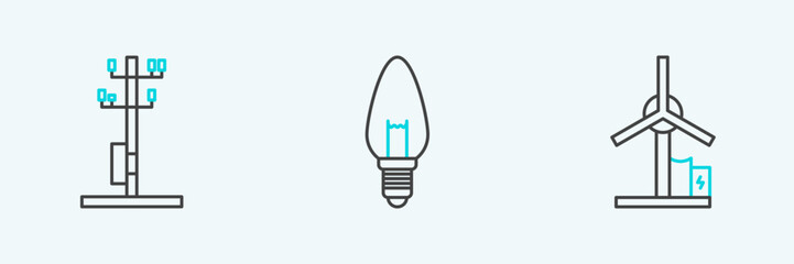 Aufkleber - Set line Wind turbine, High voltage power pole line and Light bulb icon. Vector