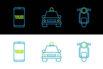 Poster - Set line Scooter, Taxi call telephone service and car icon. Vector