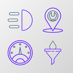 Poster - Set line Funnel or filter and motor oil drop, Speedometer, Car service and High beam icon. Vector