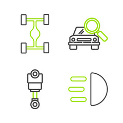 Poster - Set line High beam, Engine piston, Car search and Chassis car icon. Vector