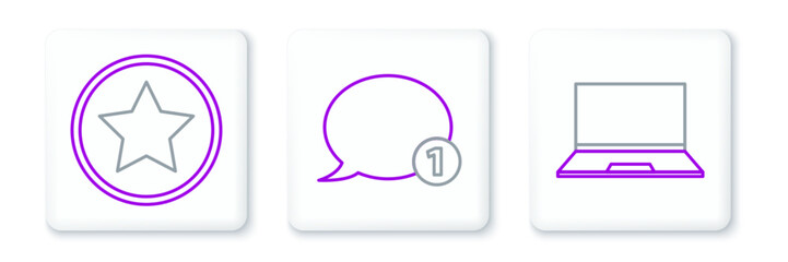 Fototapete - Set line Laptop, Star and Speech bubble chat icon. Vector