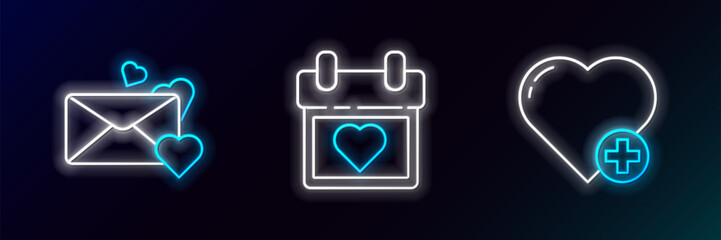 Poster - set line heart, envelope with heart and calendar icon. glowing neon. vector