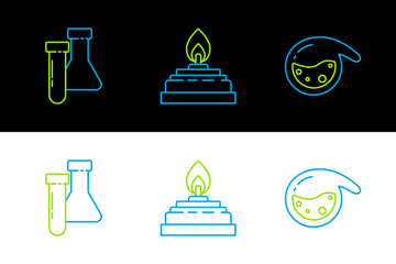 Poster - Set line Test tube and flask chemical, and Alcohol or spirit burner icon. Vector