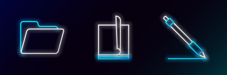 Fototapete - Set line Pen line, Document folder and File document icon. Glowing neon. Vector