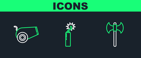 Poster - set line medieval axe, cannon and dynamite bomb stick clock icon. vector