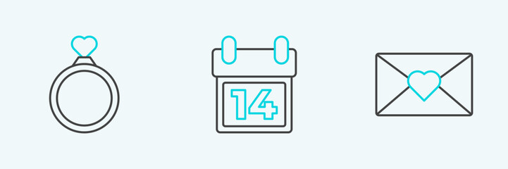 Poster - set line envelope with valentine heart, wedding rings and calendar february 14 icon. vector