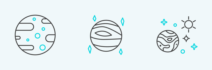 Poster - Set line Space and planet, Satellite dish and Planet Venus icon. Vector