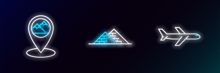 Poster - Set line Plane, Map pointer with mountain and Egypt pyramids icon. Glowing neon. Vector