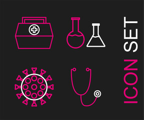 Poster - Set line Stethoscope, Virus, Test tube and flask and First aid kit icon. Vector