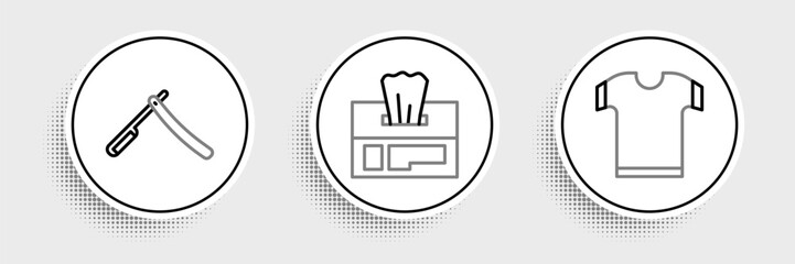 Poster - Set line T-shirt, Straight razor and Wet wipe pack icon. Vector